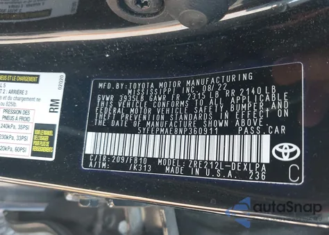 2022 Toyota Corolla Le из США, поврежденный, VIN 5YFEPMAE8NP360911